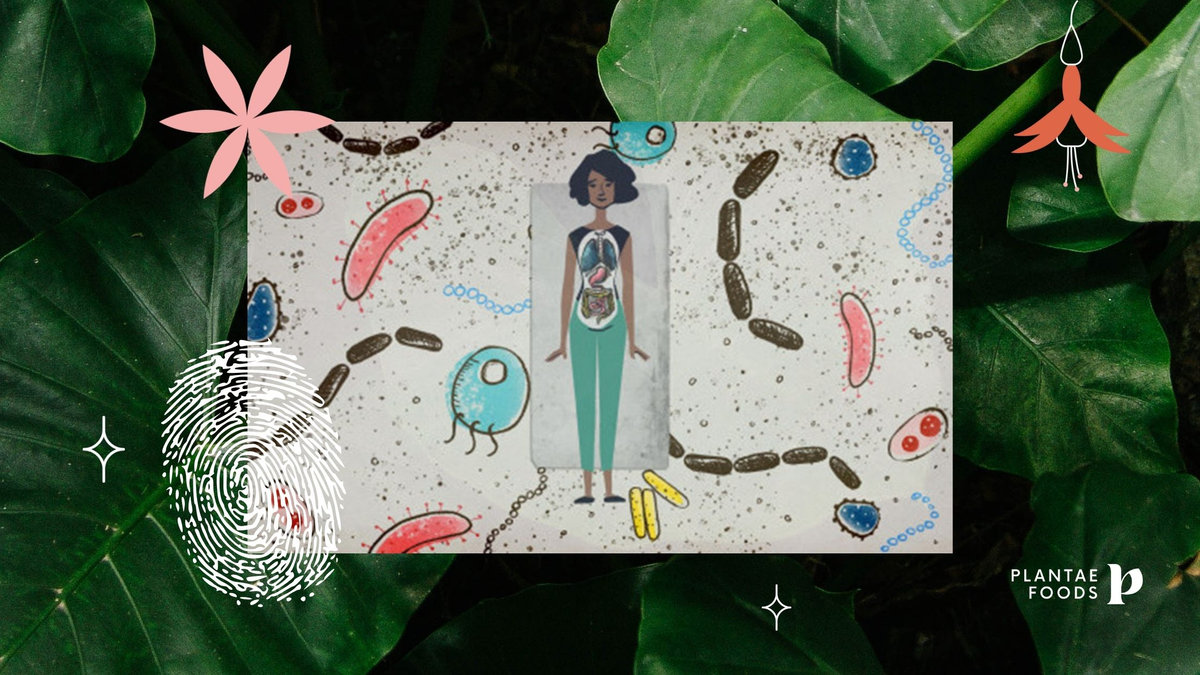 Una mujer y la relacion del intestino con la microbiota, huella digital