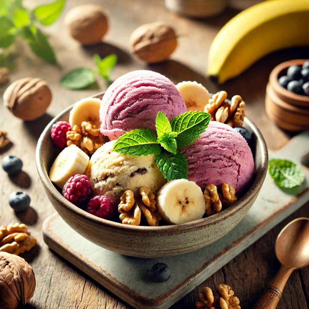 helado de nueces - moras- plátano vegano
